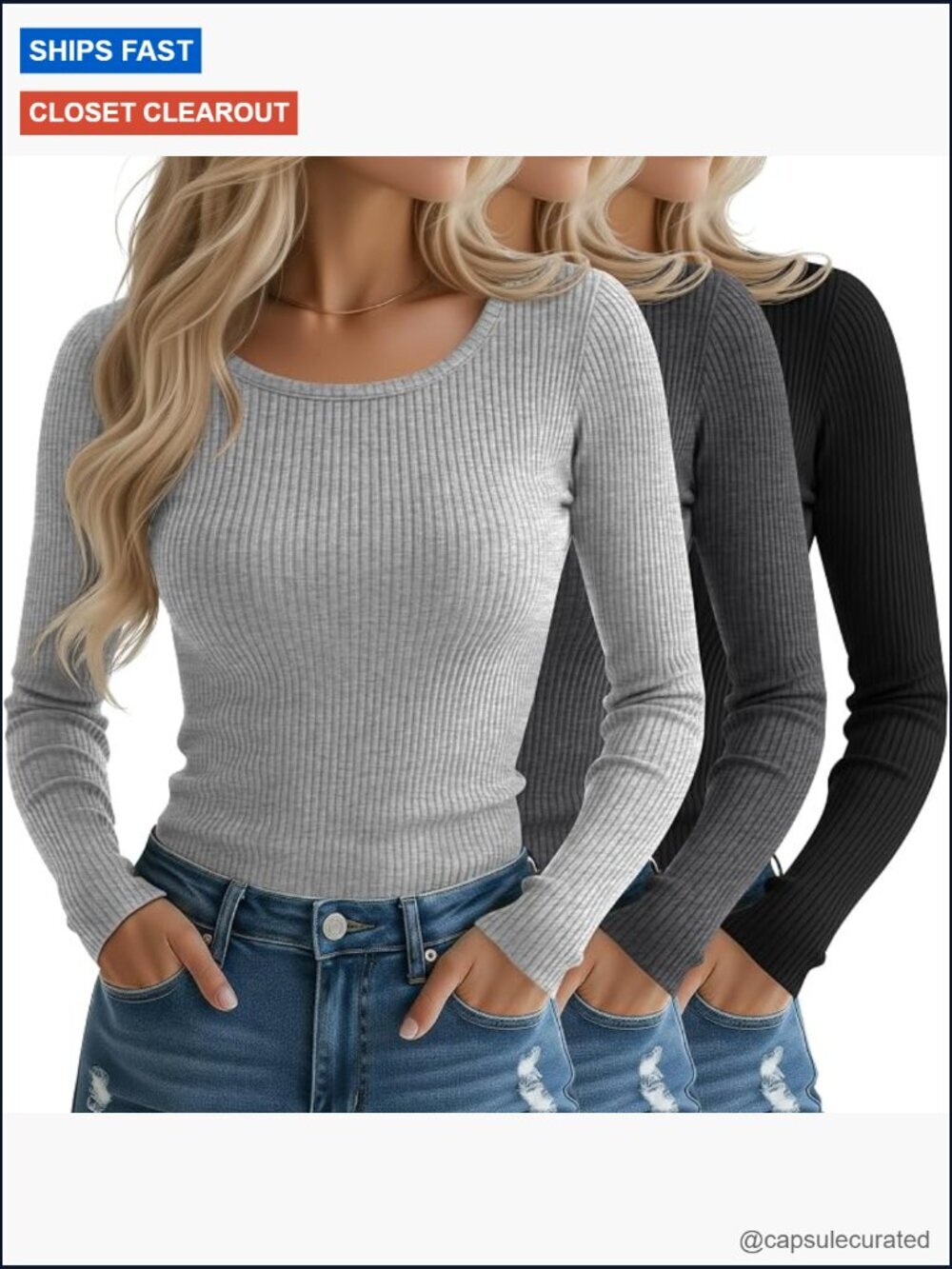 3 Pack Women's Long Sleeve Ribbed Knit Tops Crew Neck Slim Fit T Shirts Stretch
